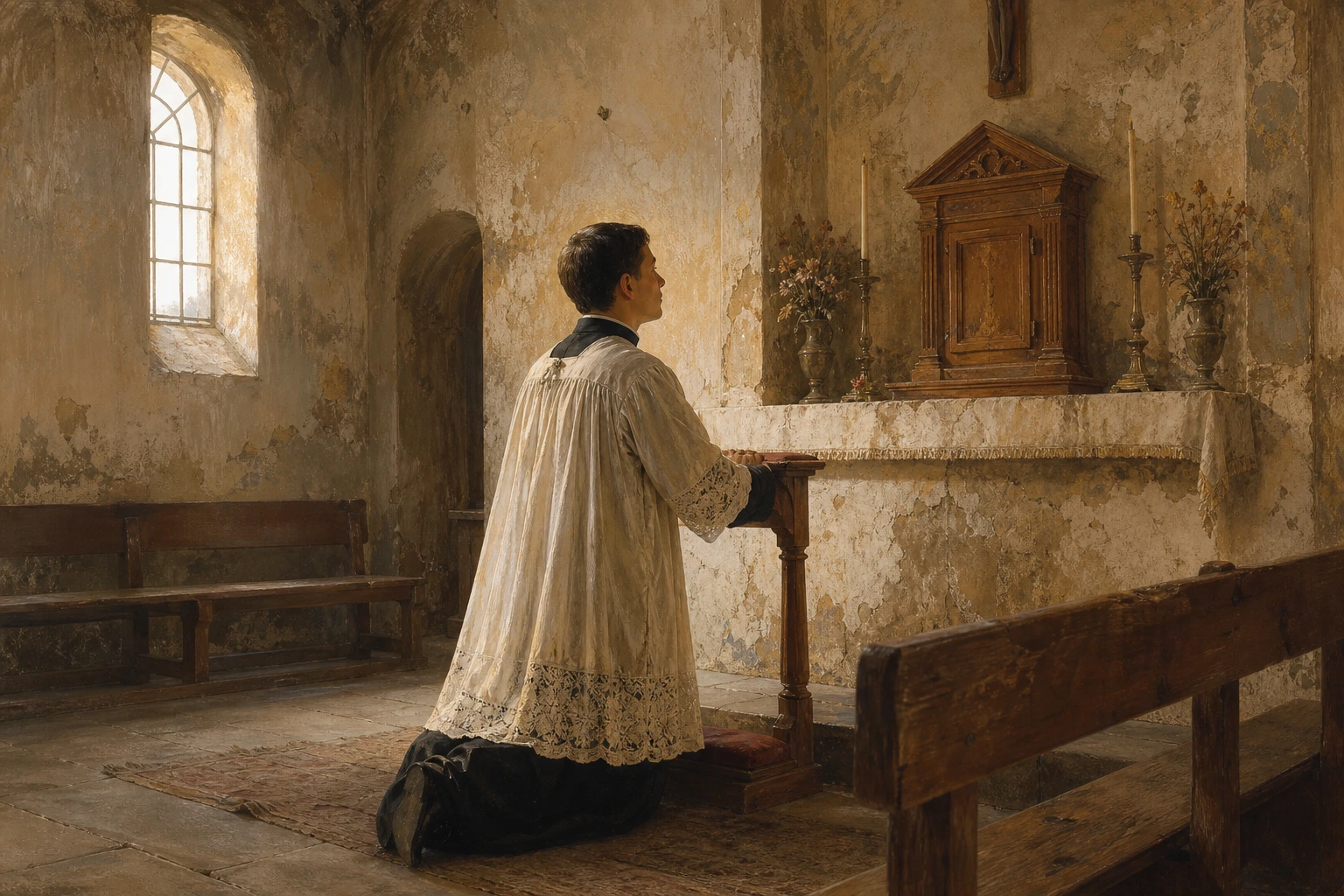 San Manuel González García ora de rodillas ante el sagrario de una iglesia rural vacía y gastada.