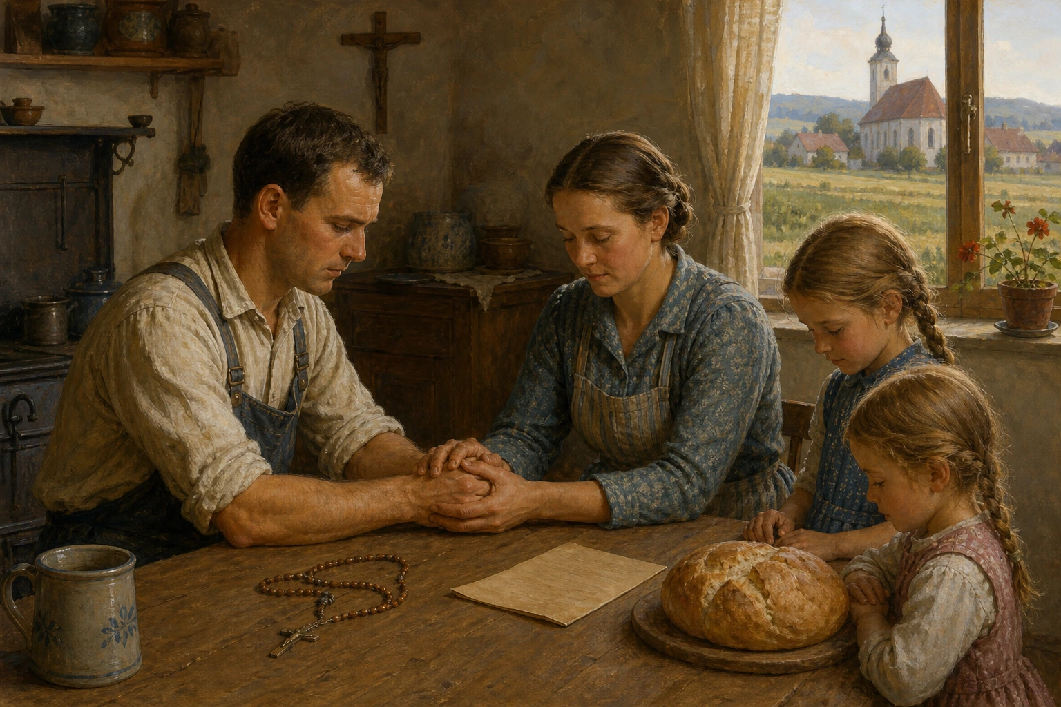 El beato Franz Jägerstätter toma la mano de su esposa mientras la familia discierne en oración en su granja austríaca.