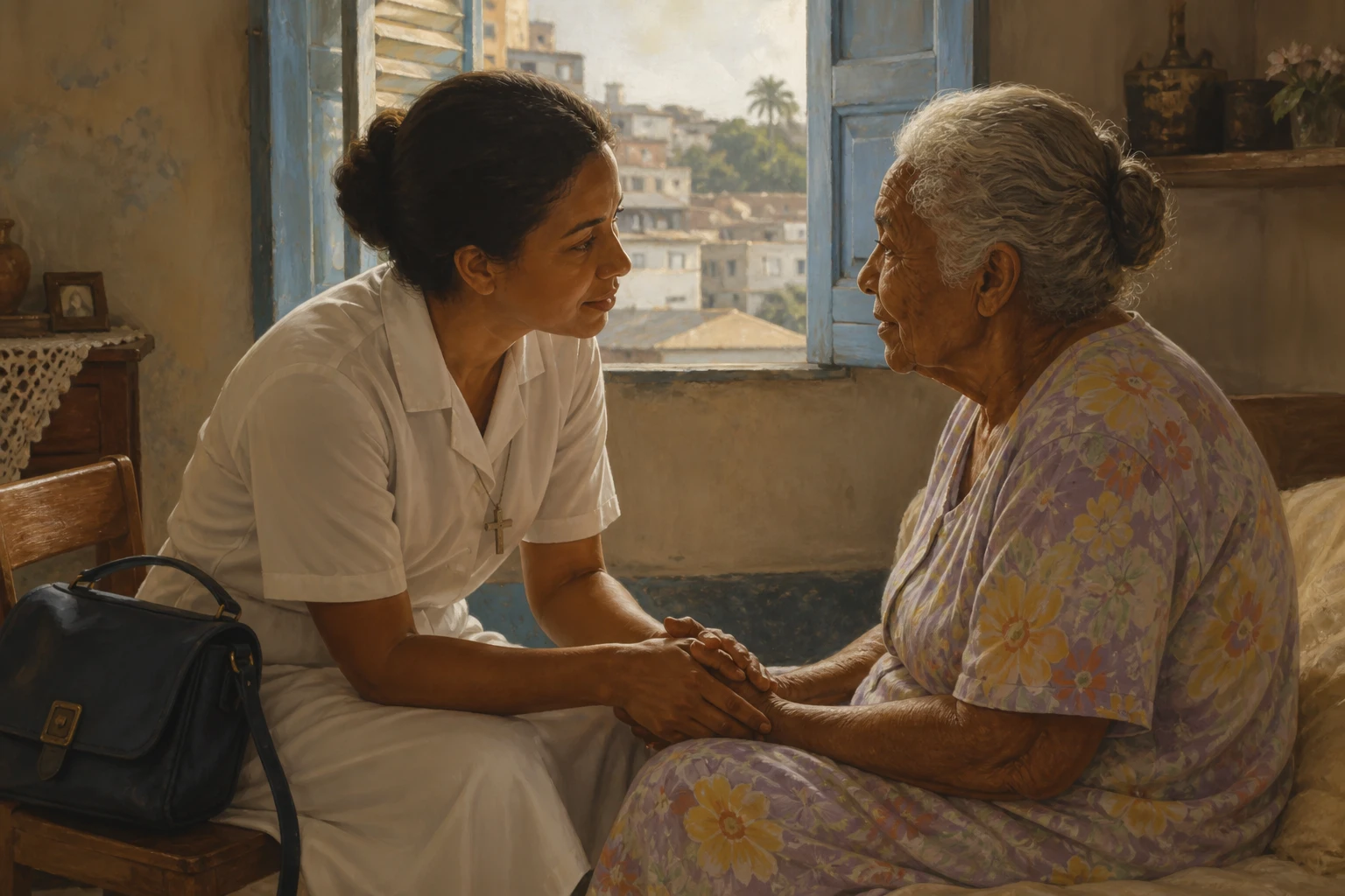 Lindalva Justo de Oliveira escucha con cercanía a una anciana durante una visita en Salvador de Bahía.