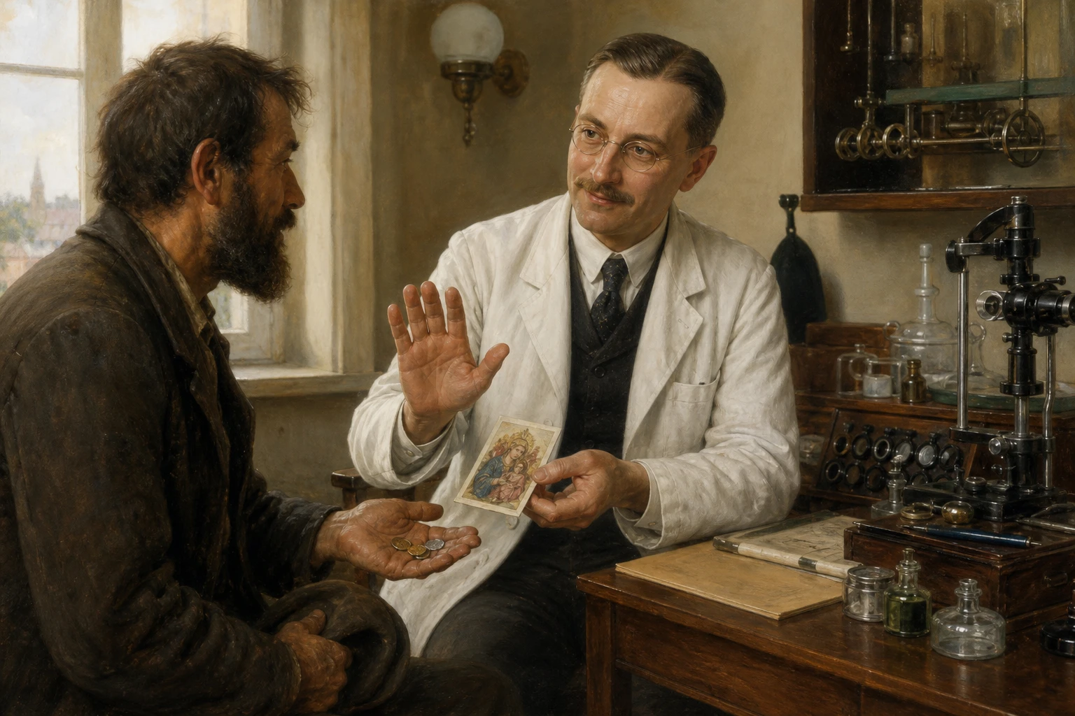 El doctor László Batthyány-Strattmann rehúsa unas monedas y entrega una estampa a un paciente humilde.