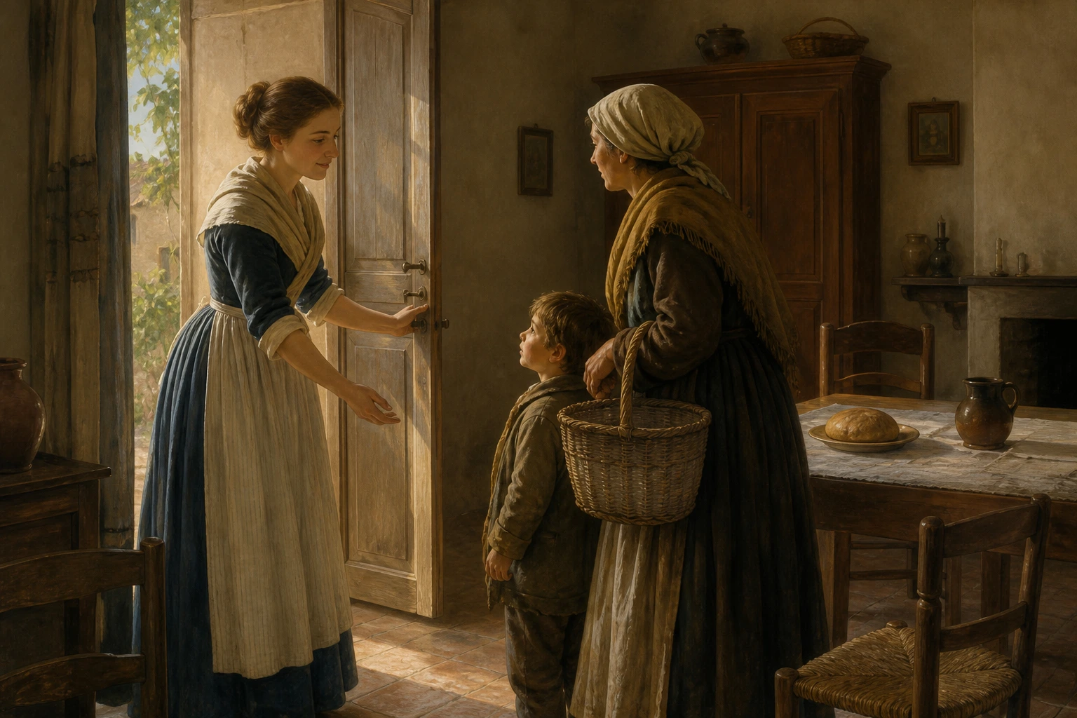 Santa Emilia de Vialar abre la puerta de su casa para acoger a una madre pobre y su hijo.
