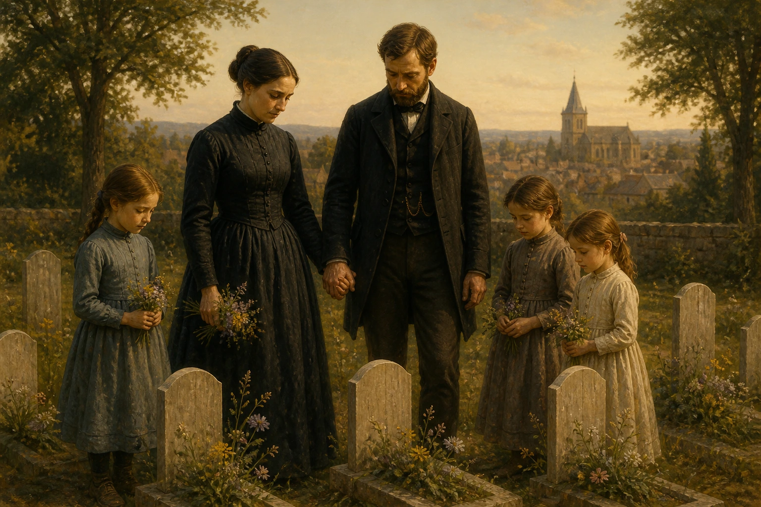Luis y Celia Martin permanecen unidos con sus hijas ante unas pequeñas tumbas con flores.