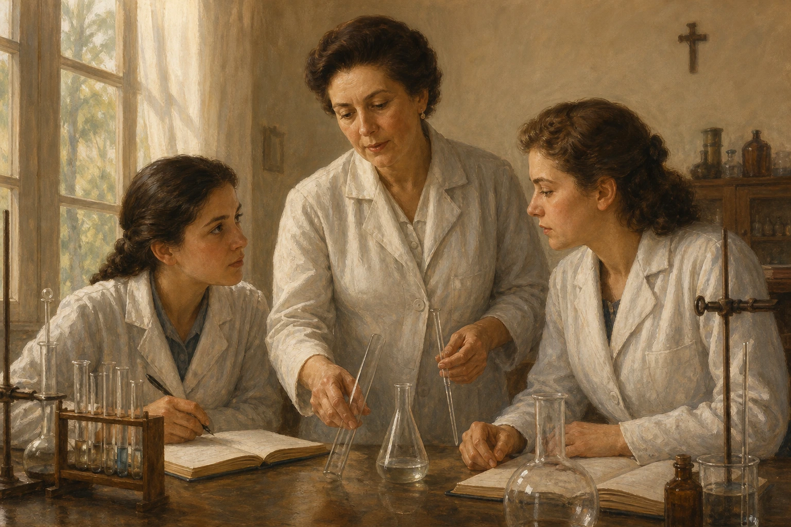 Guadalupe Ortiz de Landázuri enseña a dos alumnas en un laboratorio universitario de mediados del siglo XX.