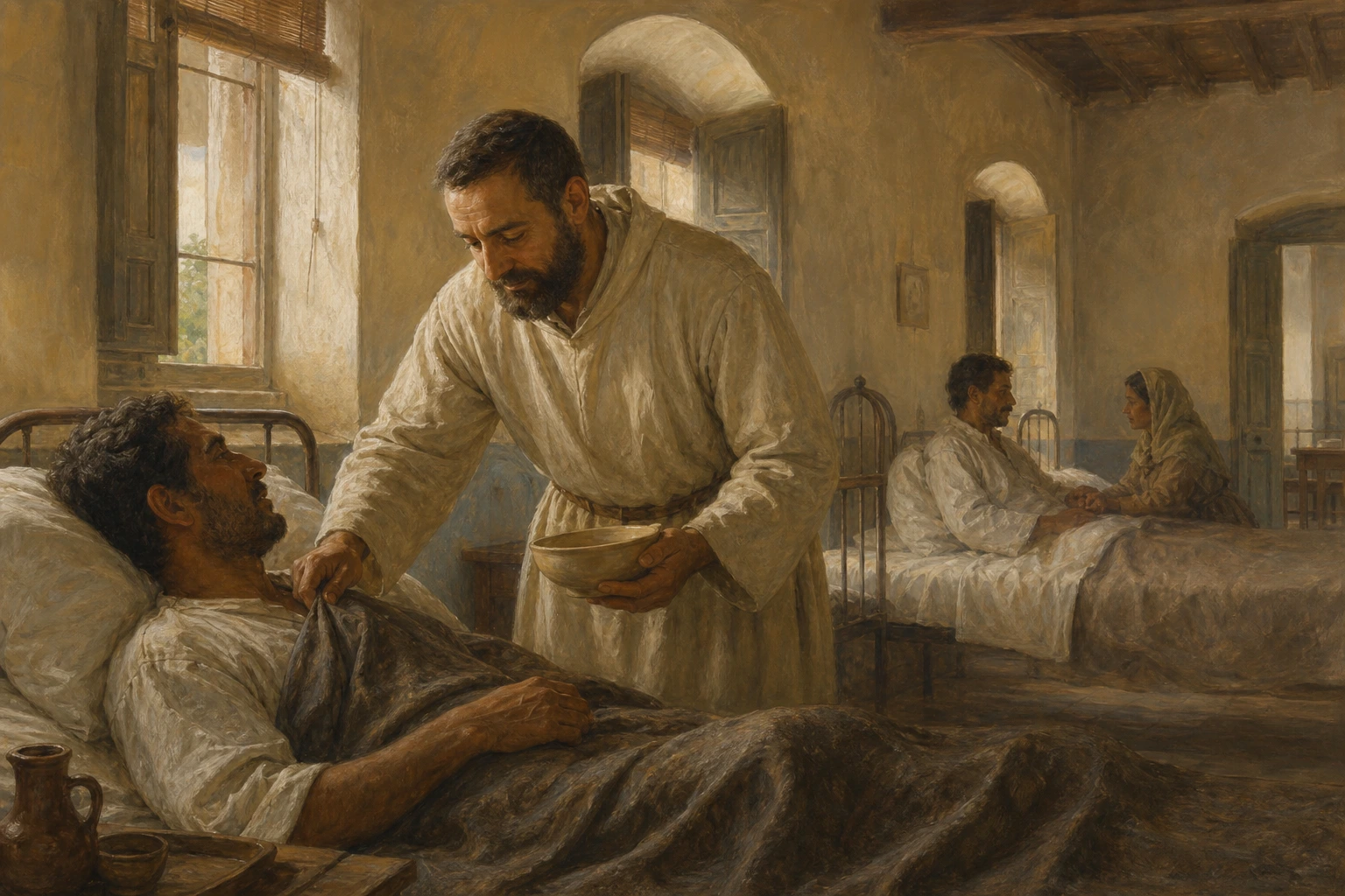 El hermano Jose Olallo Valdes ofrece cuidado atento a un enfermo en el hospital colonial de Camaguey.