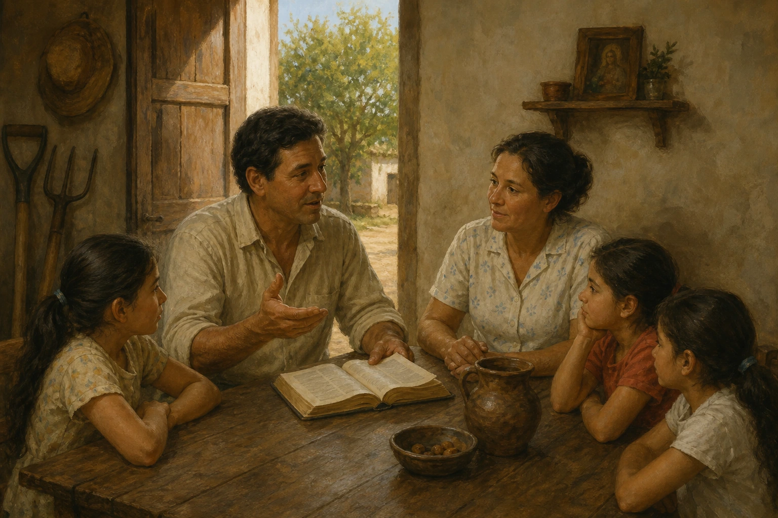 Wenceslao Pedernera comparte el Evangelio con su esposa y sus tres hijas alrededor de la mesa familiar.