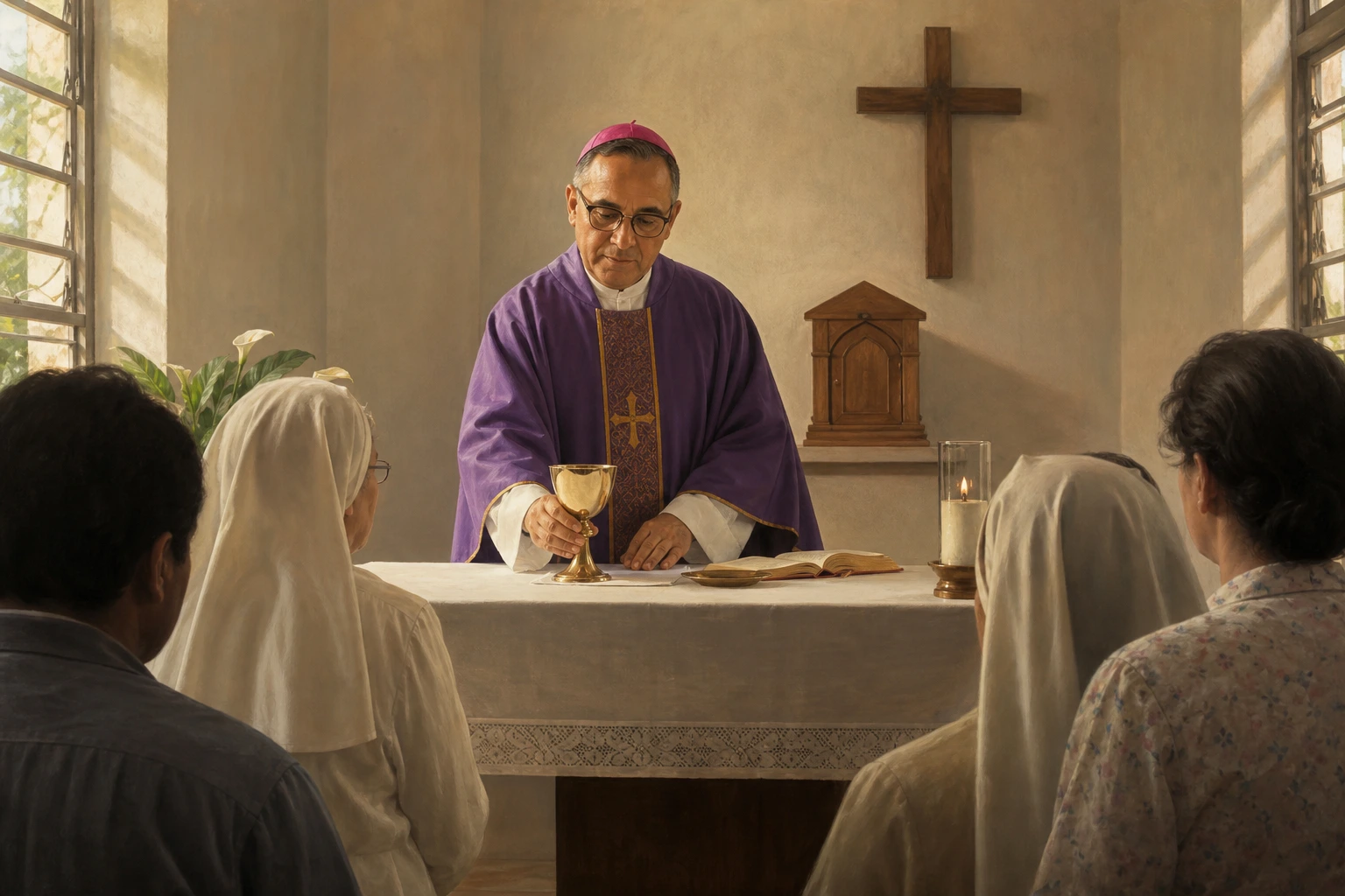 Oscar Romero celebra serenamente la Eucaristia ante religiosas y fieles en una capilla de San Salvador.