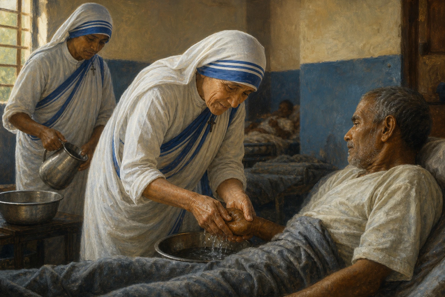 Santa Teresa de Calcuta lava con delicadeza las manos de un enfermo, acompañada por otra hermana.