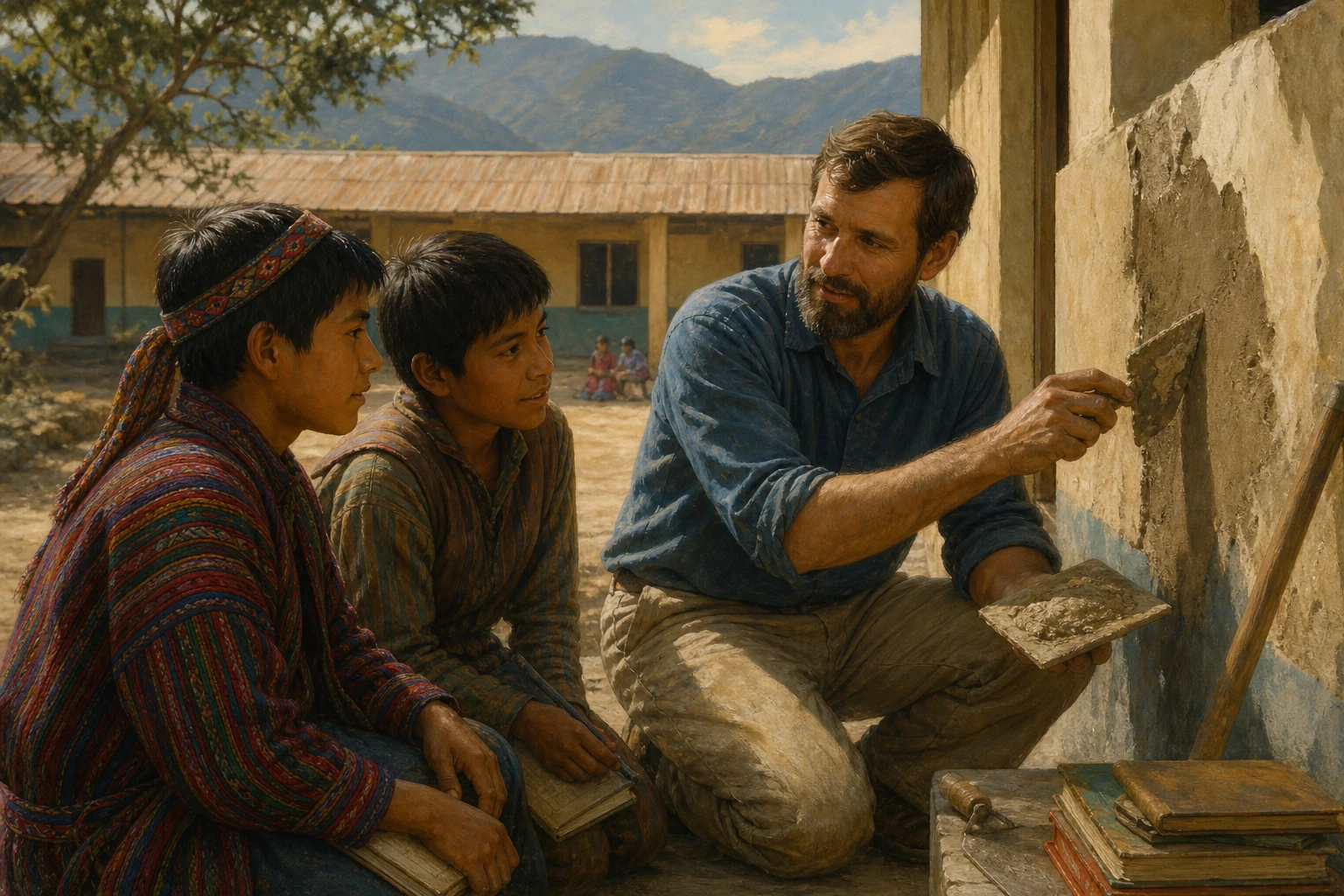 El hermano James Santiago Miller repara una escuela rural junto a dos jóvenes indígenas mayas.