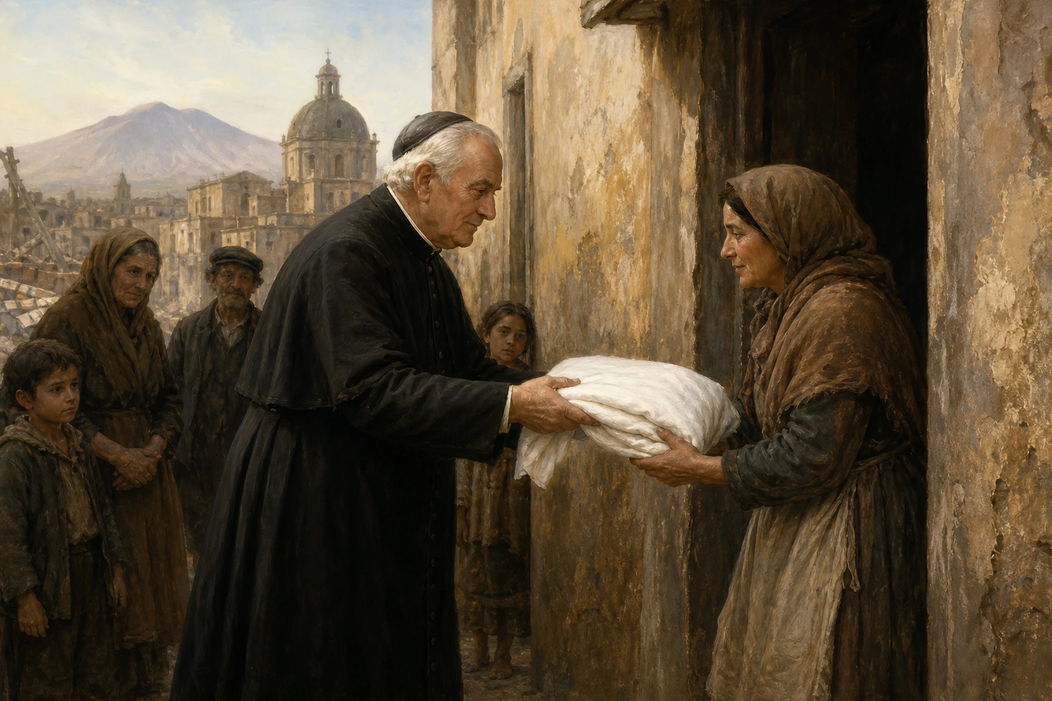 Dusmet entrega su última sábana a una madre pobre en Catania.