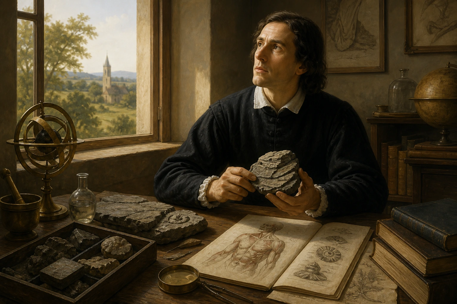 Stensen contempla la naturaleza desde su mesa de investigación.