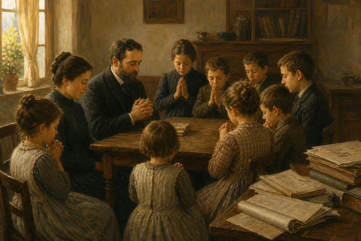 La familia Tovini se reúne en oración alrededor de la mesa.