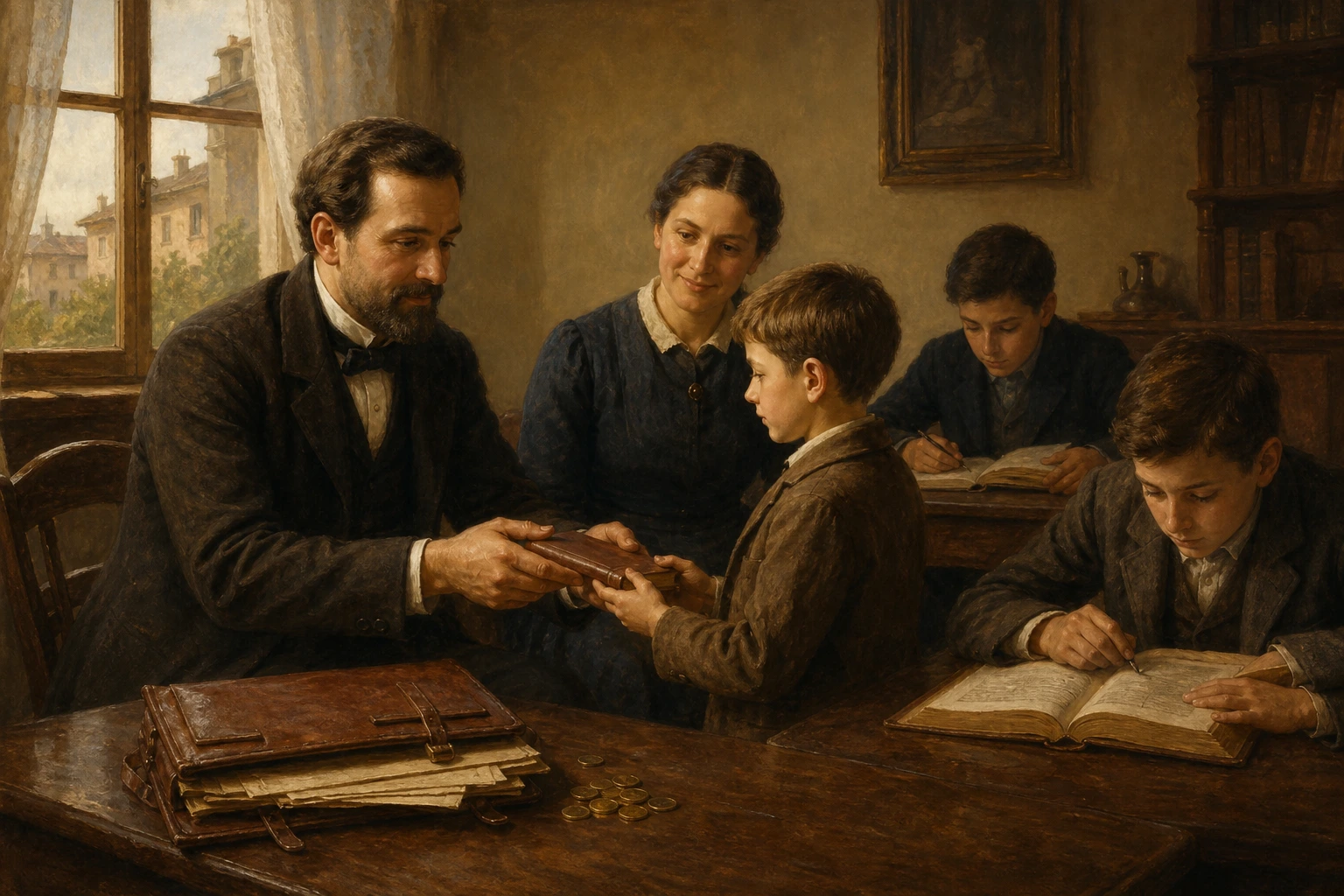 Tovini entrega un libro de oración a uno de sus hijos.
