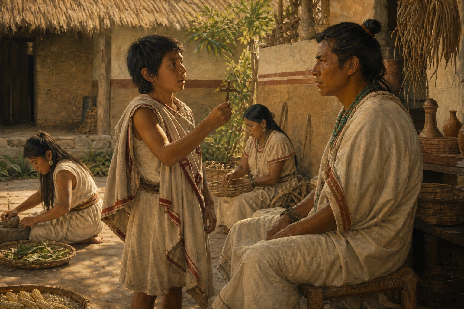 Cristóbal habla de Cristo con su padre en el patio familiar.
