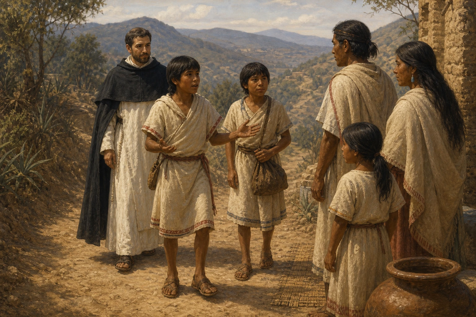 Antonio y Juan interpretan para una familia durante el camino misionero.