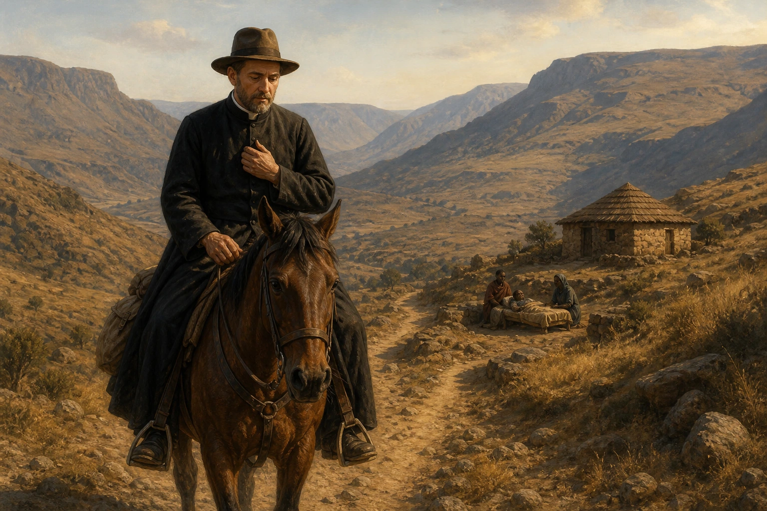 Joseph Gérard ora a caballo mientras se acerca a una casa remota.