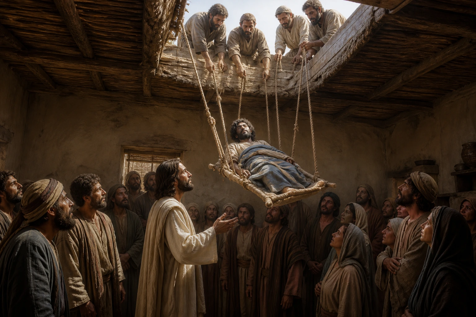 Cuatro amigos bajan al paralítico ante Jesús por el techo de una casa de Cafarnaún.