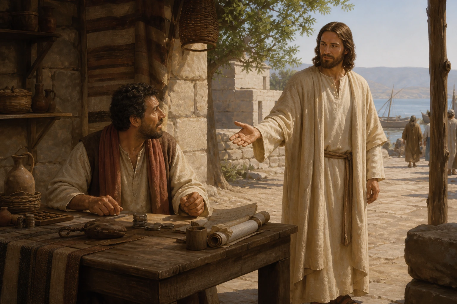 Jesús invita a Mateo a levantarse de su mesa de impuestos en Cafarnaún.