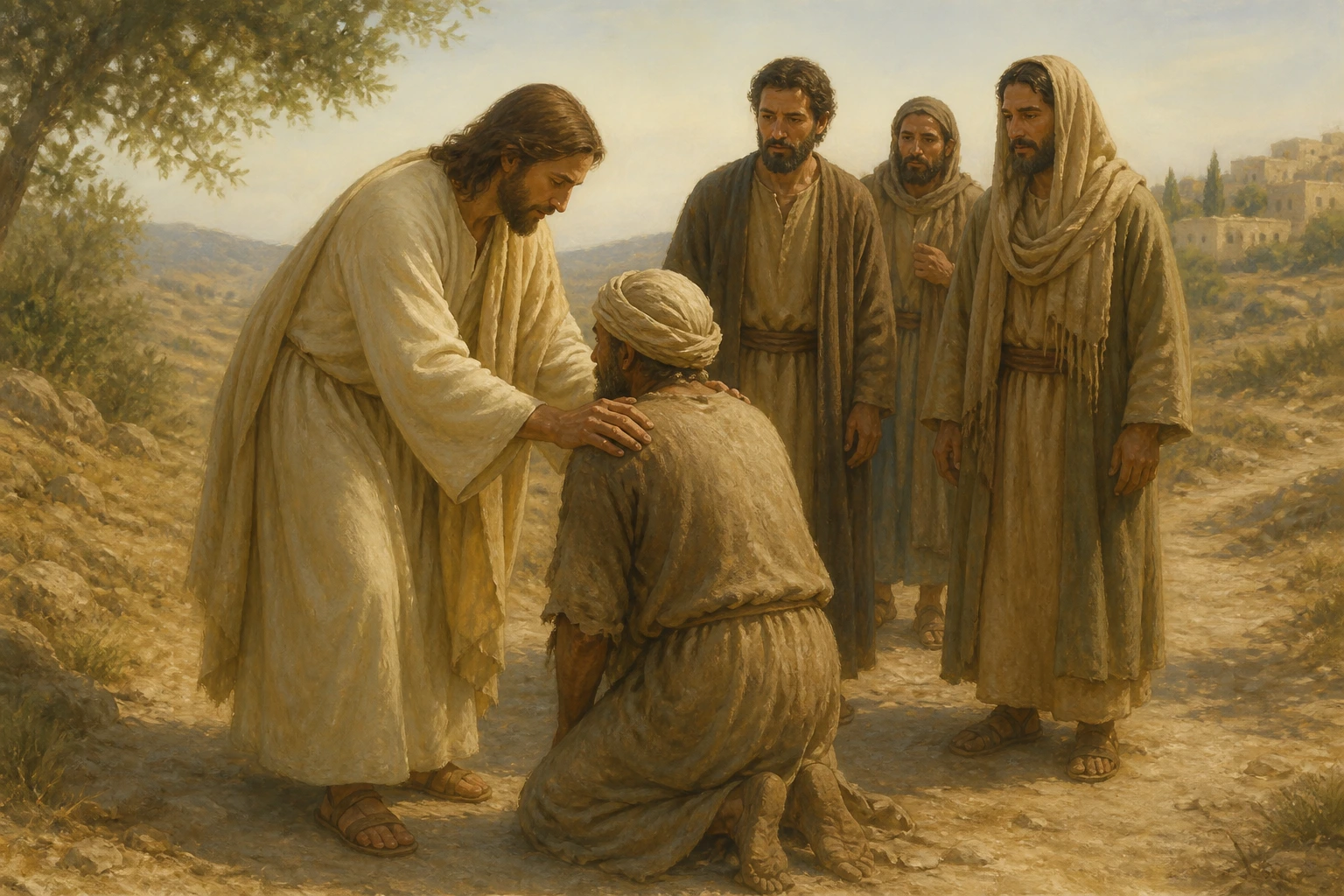 Jesús toca con compasión al hombre enfermo arrodillado ante él.