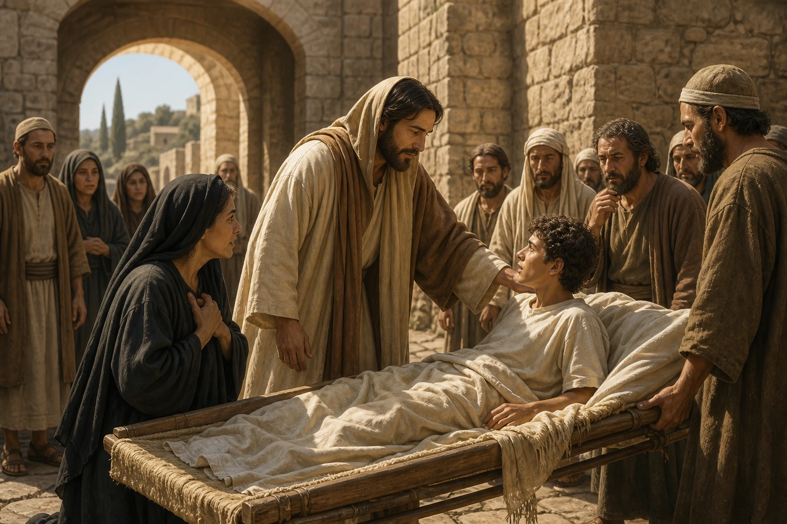 Jesús devuelve vivo a su madre viuda al joven de Naín.