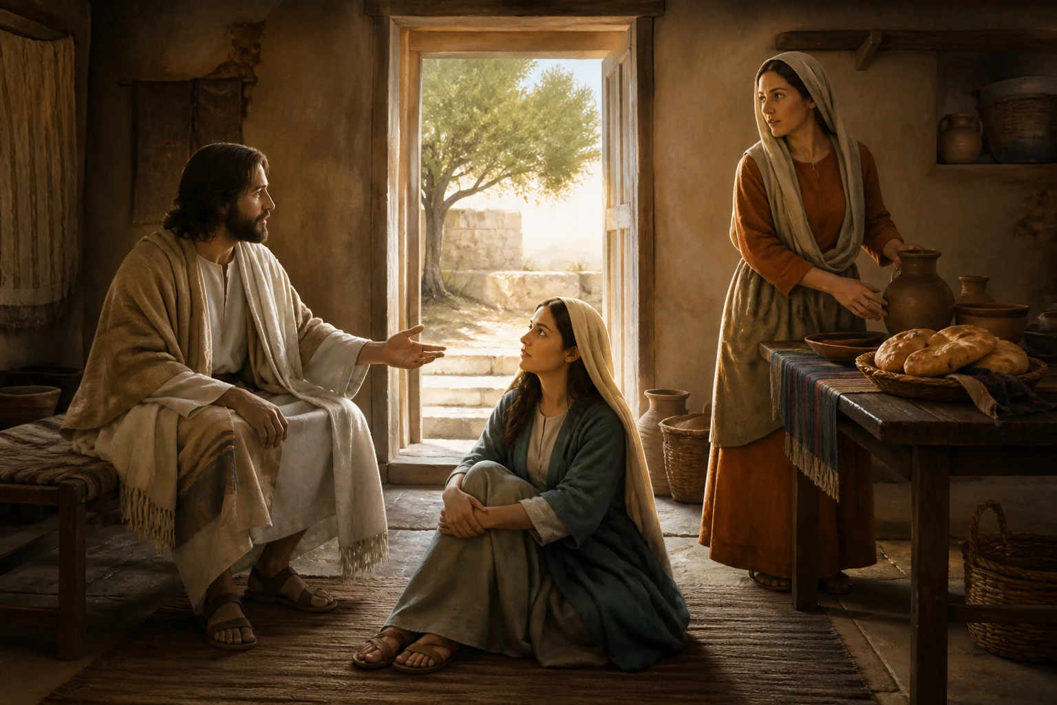 María escucha a Jesús mientras Marta se detiene en su servicio para mirarlo.