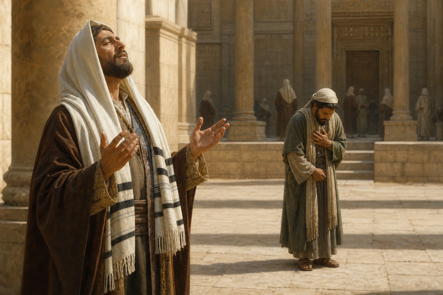 El fariseo y el publicano oran separados en el Templo de Jerusalén.