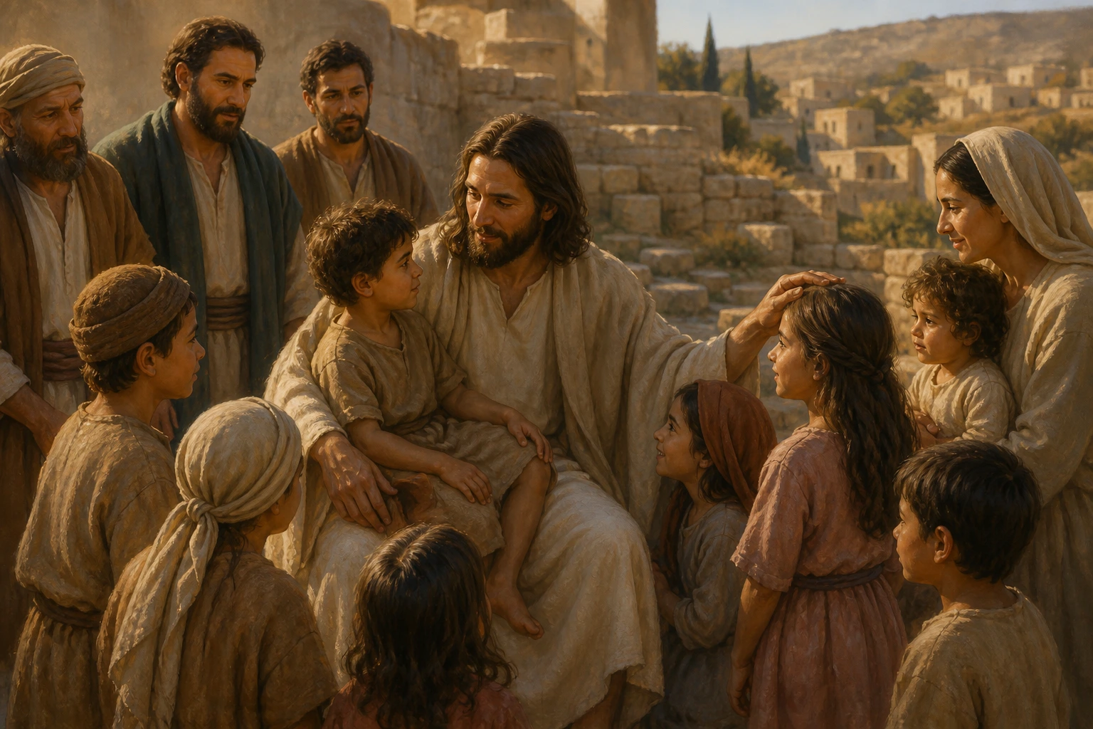 Jesús acoge y bendice a los niños ante sus discípulos.