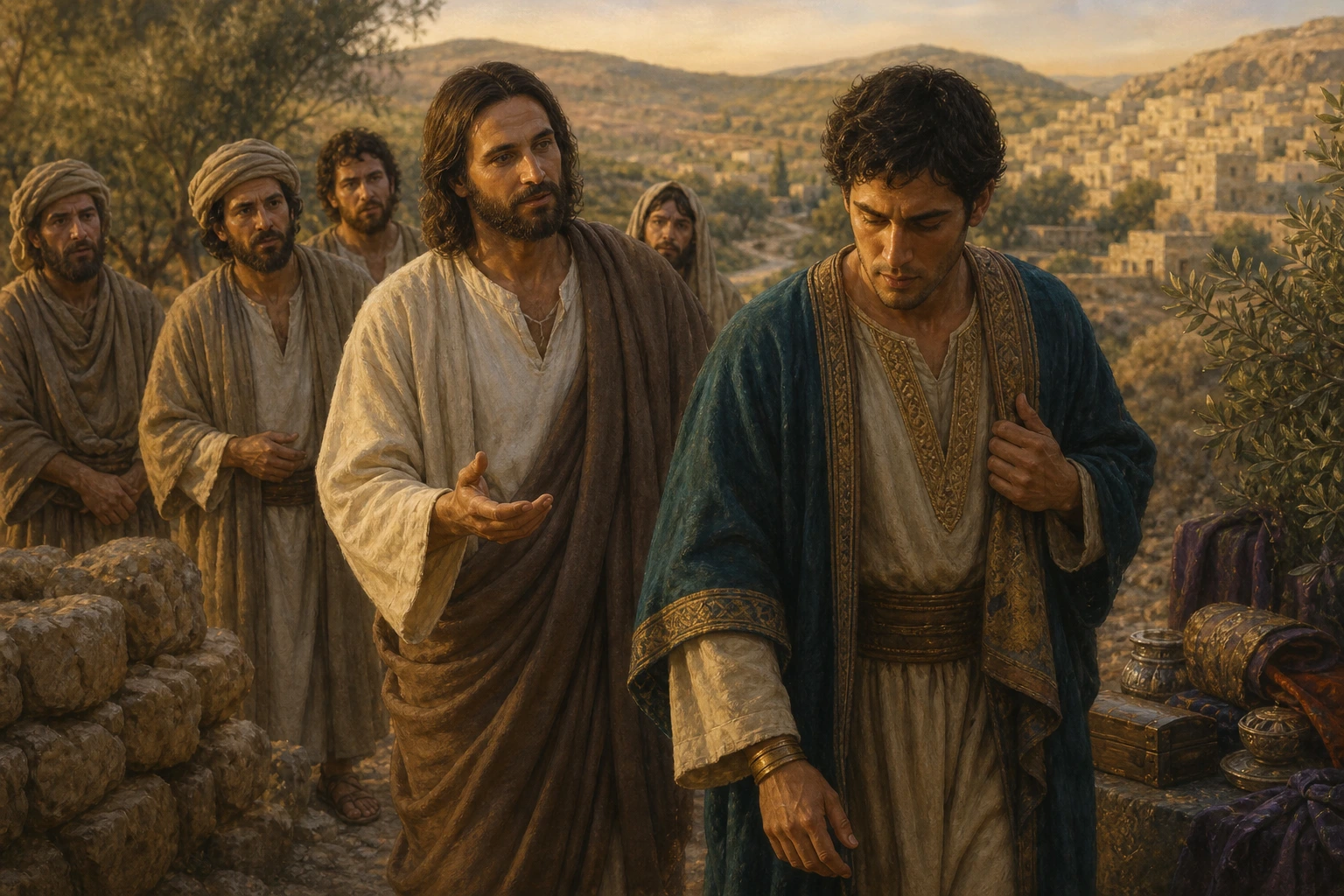 El hombre rico se aleja triste bajo la mirada amorosa de Jesús.
