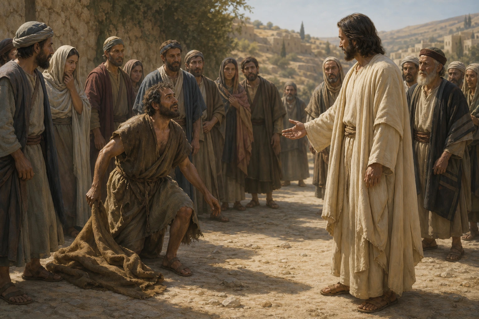 Bartimeo deja su manto y avanza confiado hacia Jesús.
