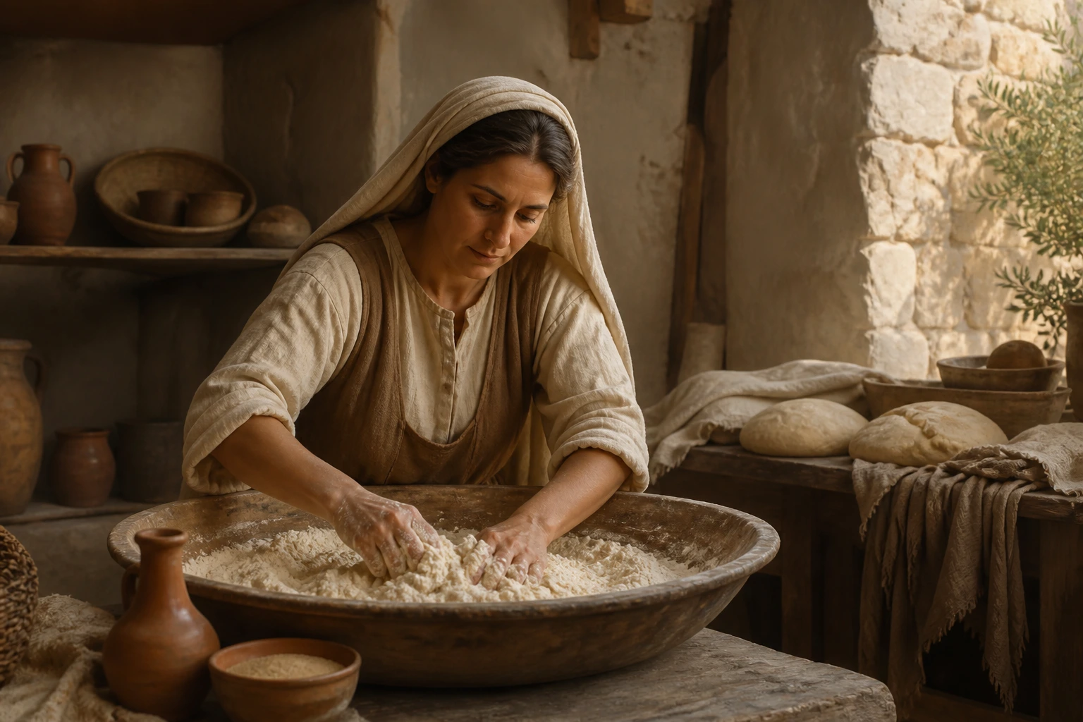 Una mujer mezcla levadura en una gran artesa de harina.
