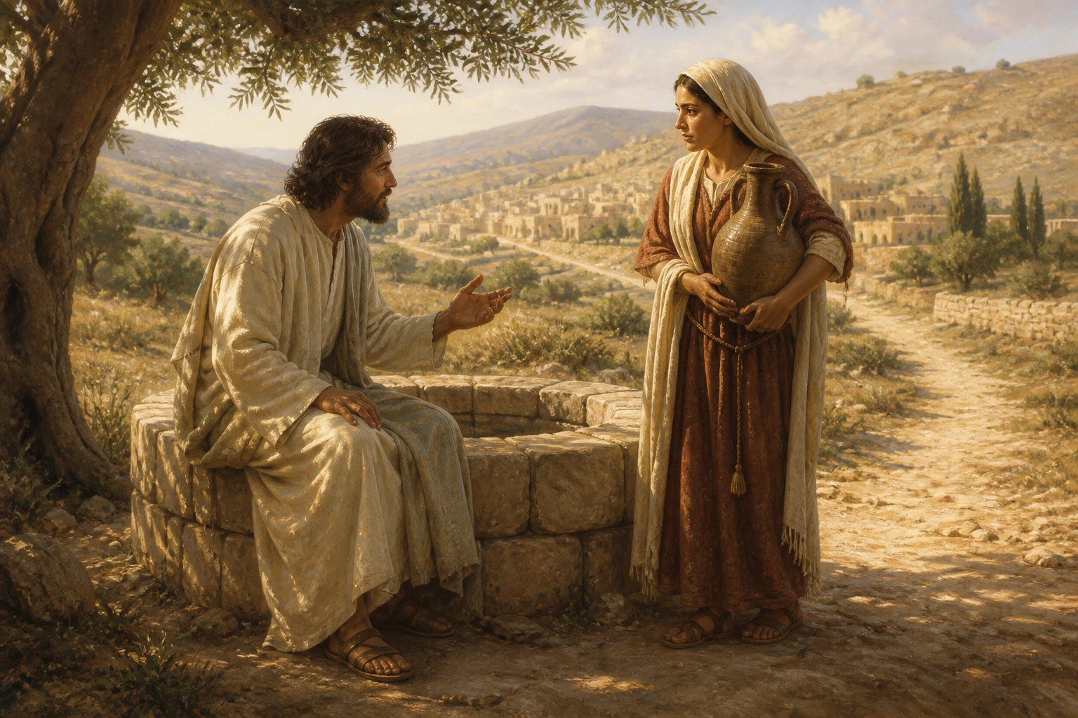 Jesús conversa con la mujer samaritana junto al pozo de Jacob.
