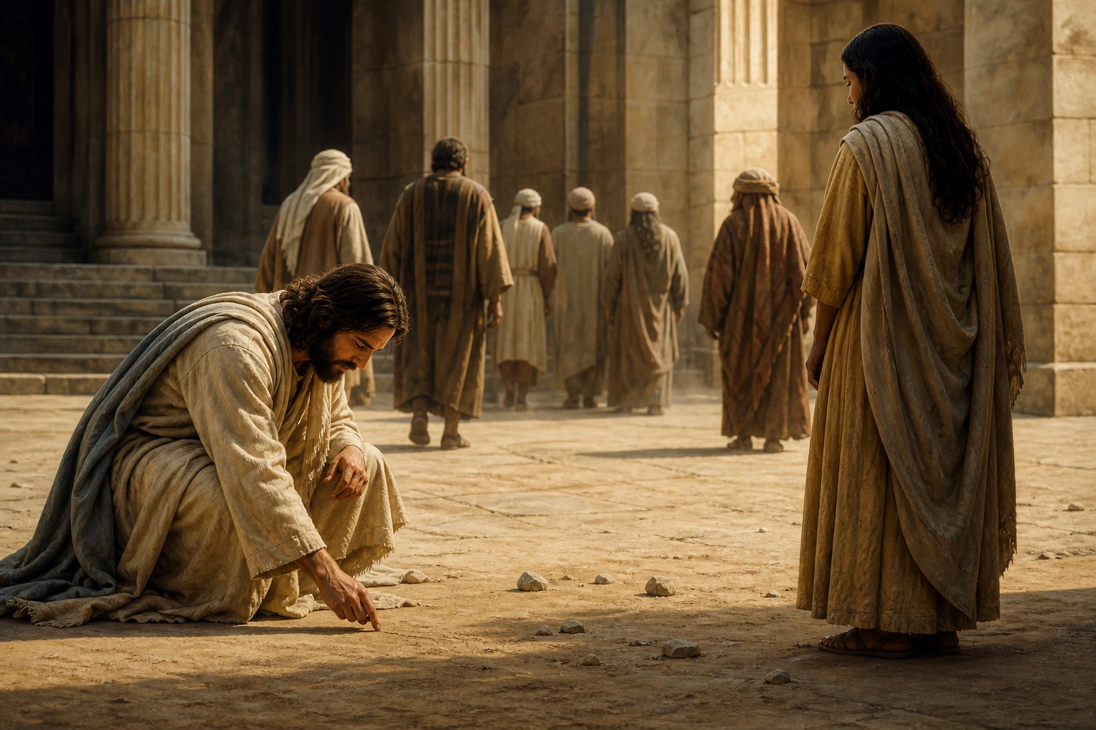 Jesús escribe en el suelo mientras los acusadores de la mujer se retiran.