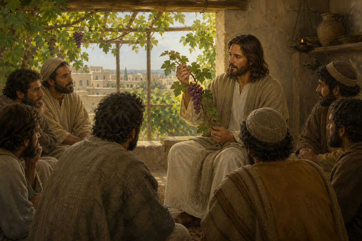 Jesús enseña a sus discípulos sosteniendo un sarmiento unido a la vid.