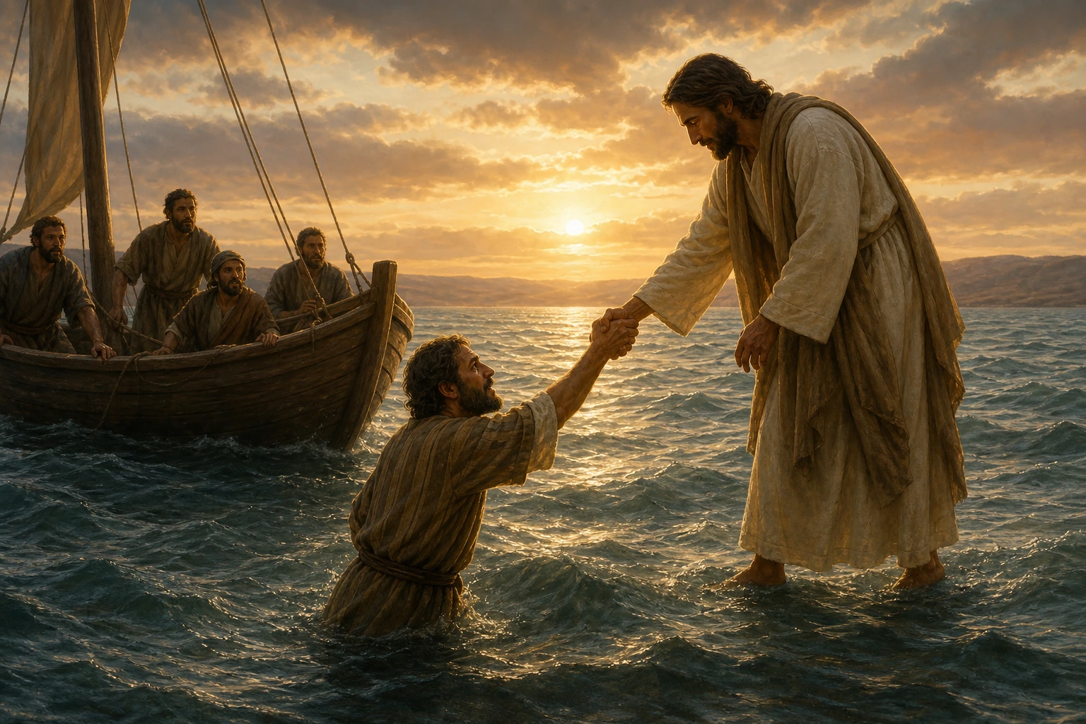 Jesús toma la mano de Pedro cuando comienza a hundirse junto a la barca.