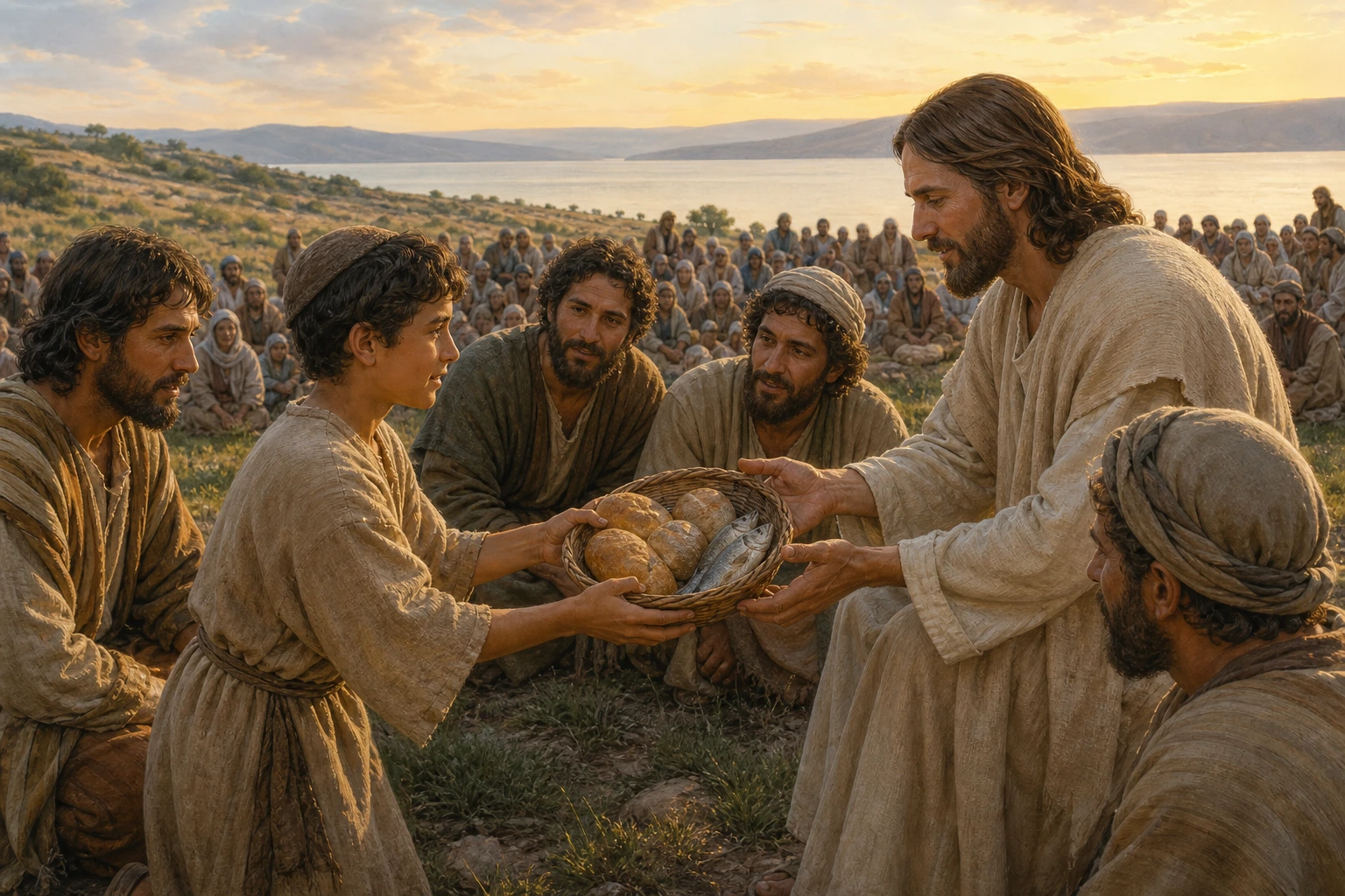 Un muchacho entrega a Jesús una cesta con panes y peces.