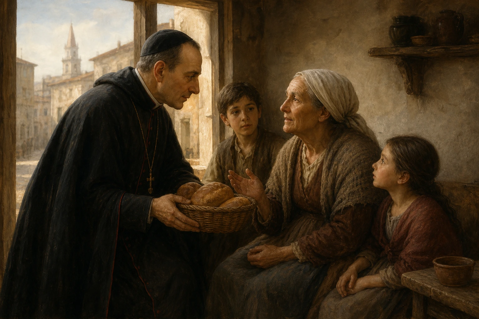 San Carlos Borromeo entrega una cesta de pan y escucha a una familia pobre en el Milán del siglo XVI.