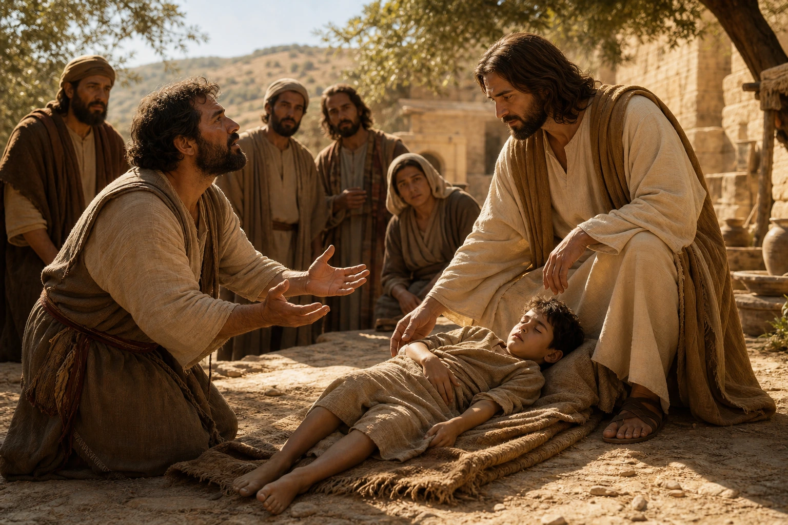 Un padre suplica mientras Jesús se dispone a levantar a su hijo.