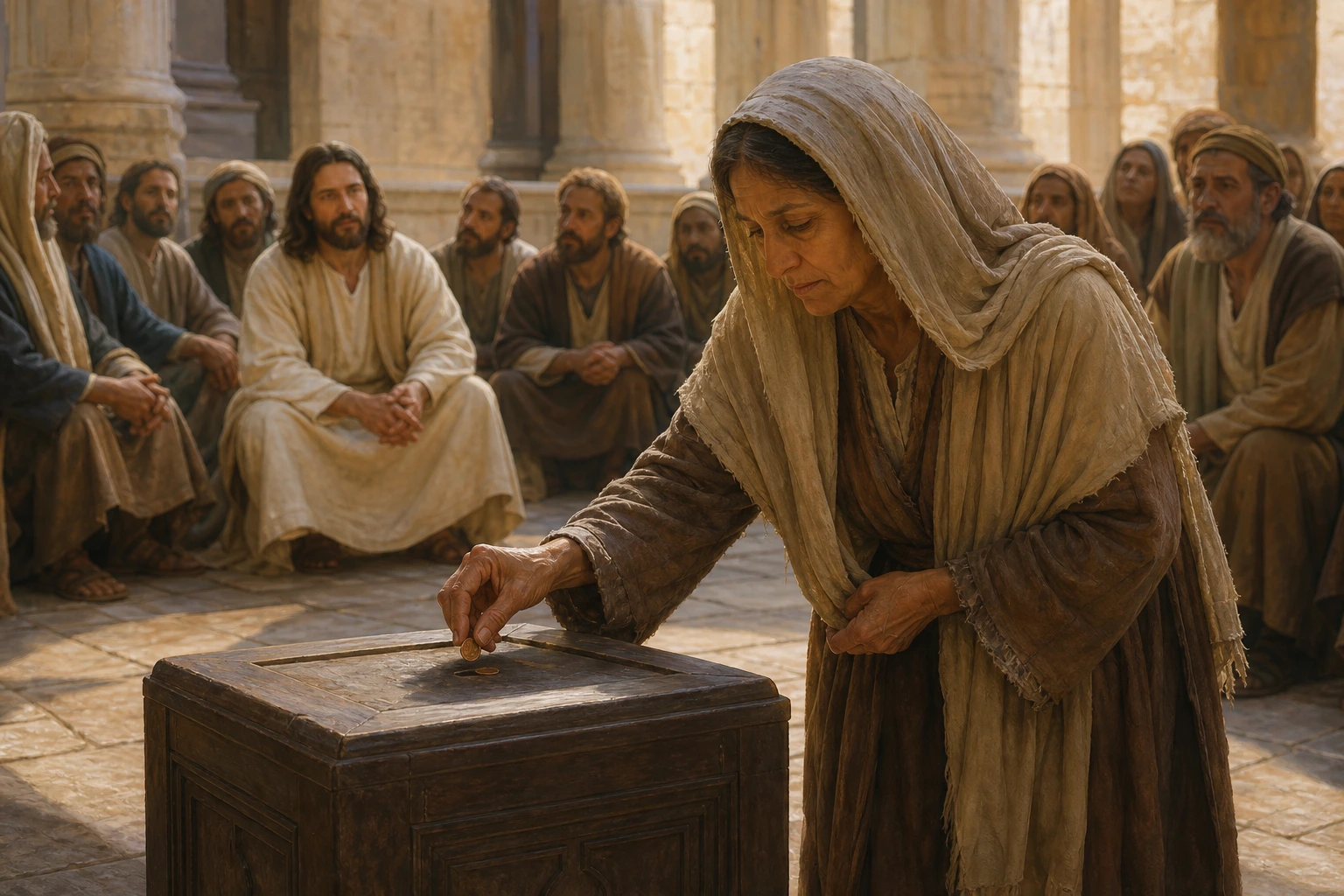 Una viuda deposita dos monedas mientras Jesús observa en el templo.