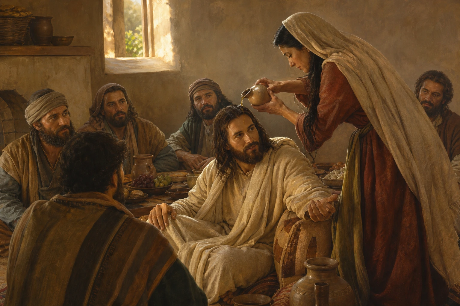Una mujer derrama perfume sobre Jesús durante la comida en Betania.