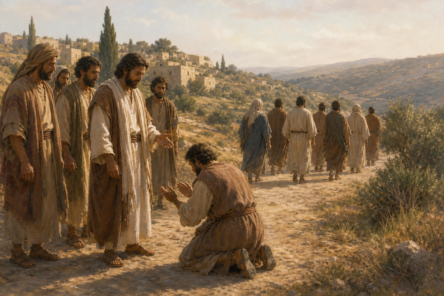 El samaritano curado vuelve agradecido a los pies de Jesús.