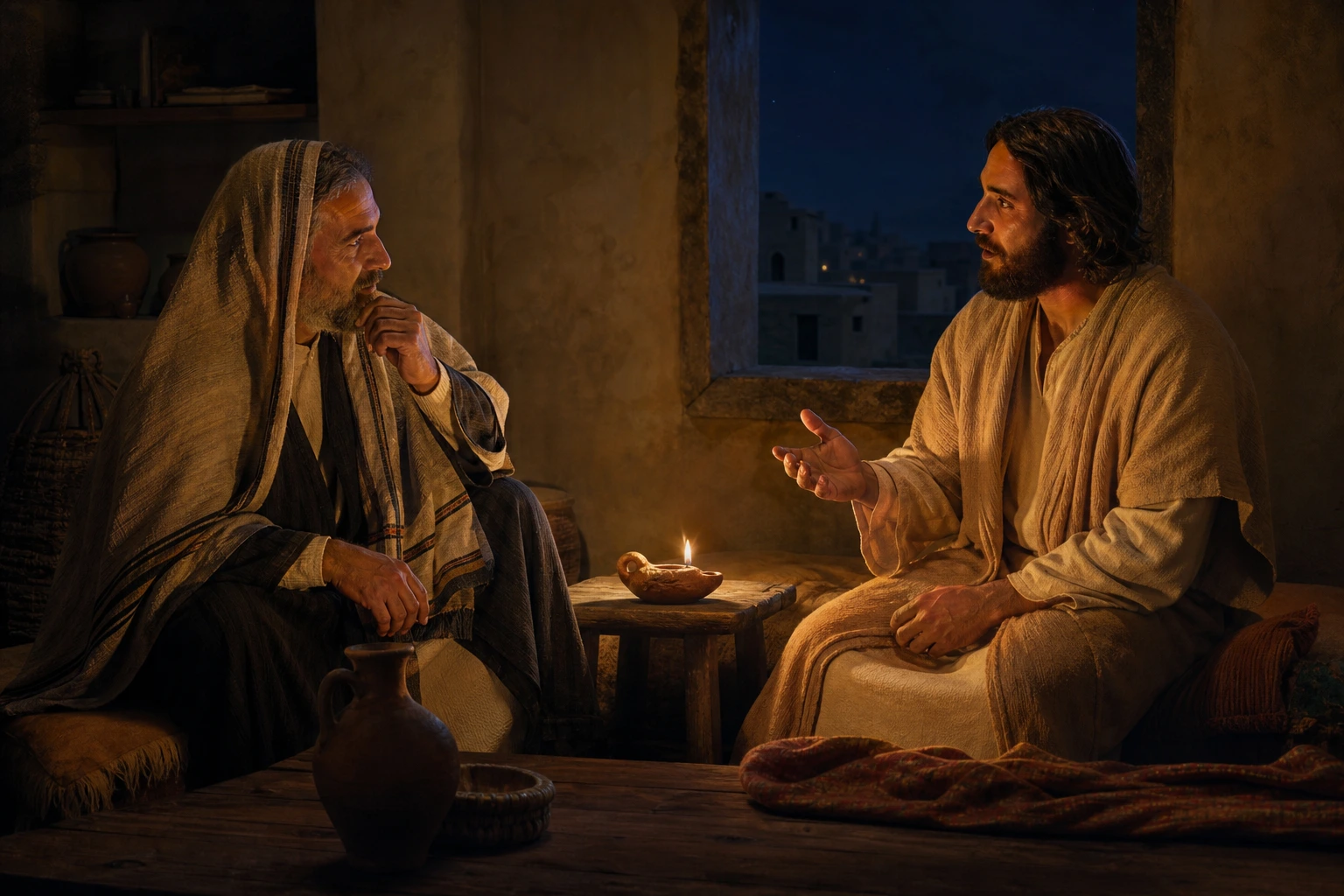 Nicodemo conversa de noche con Jesús a la luz de una lámpara.
