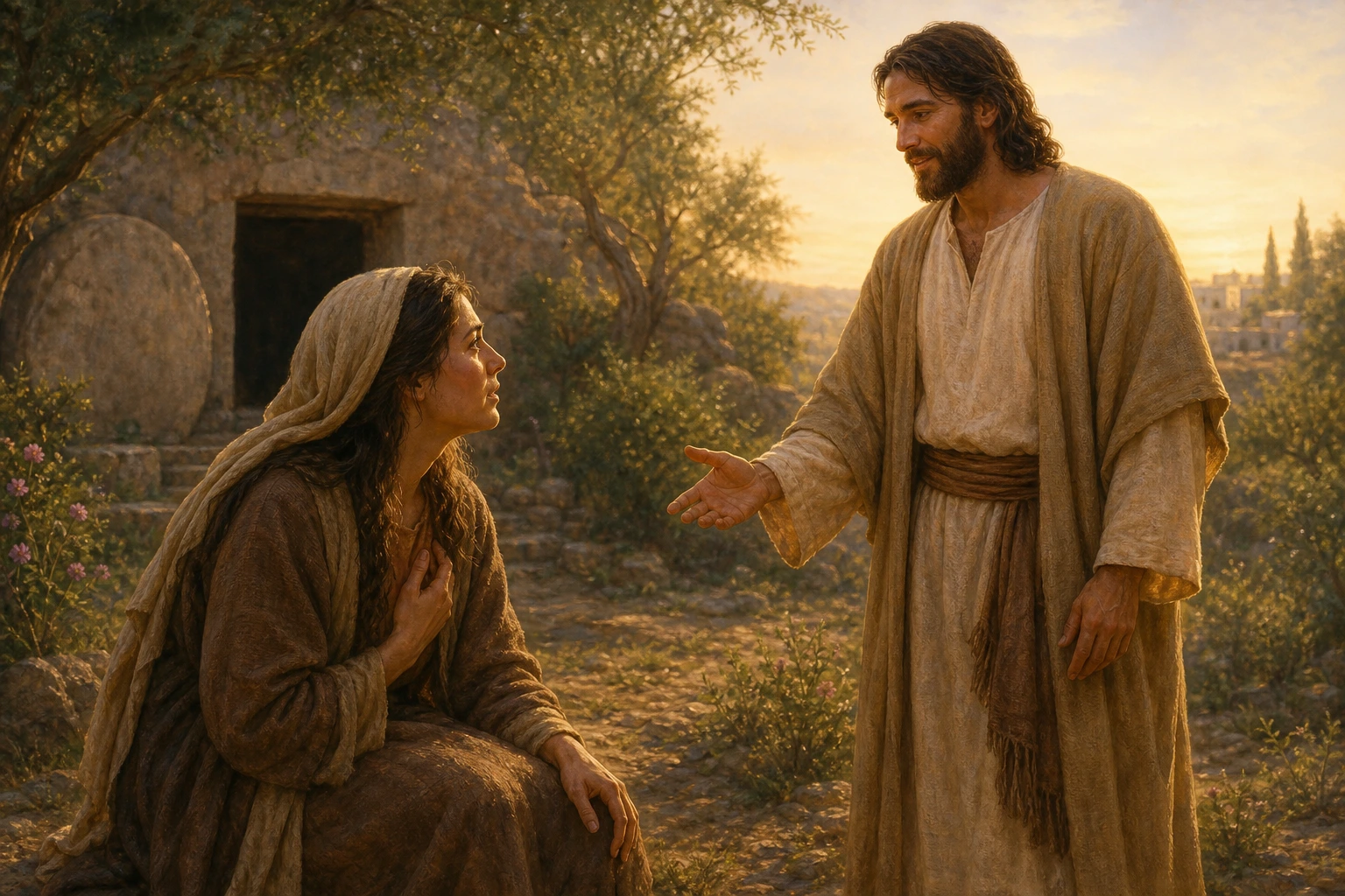 María Magdalena reconoce a Jesús junto al sepulcro al amanecer.