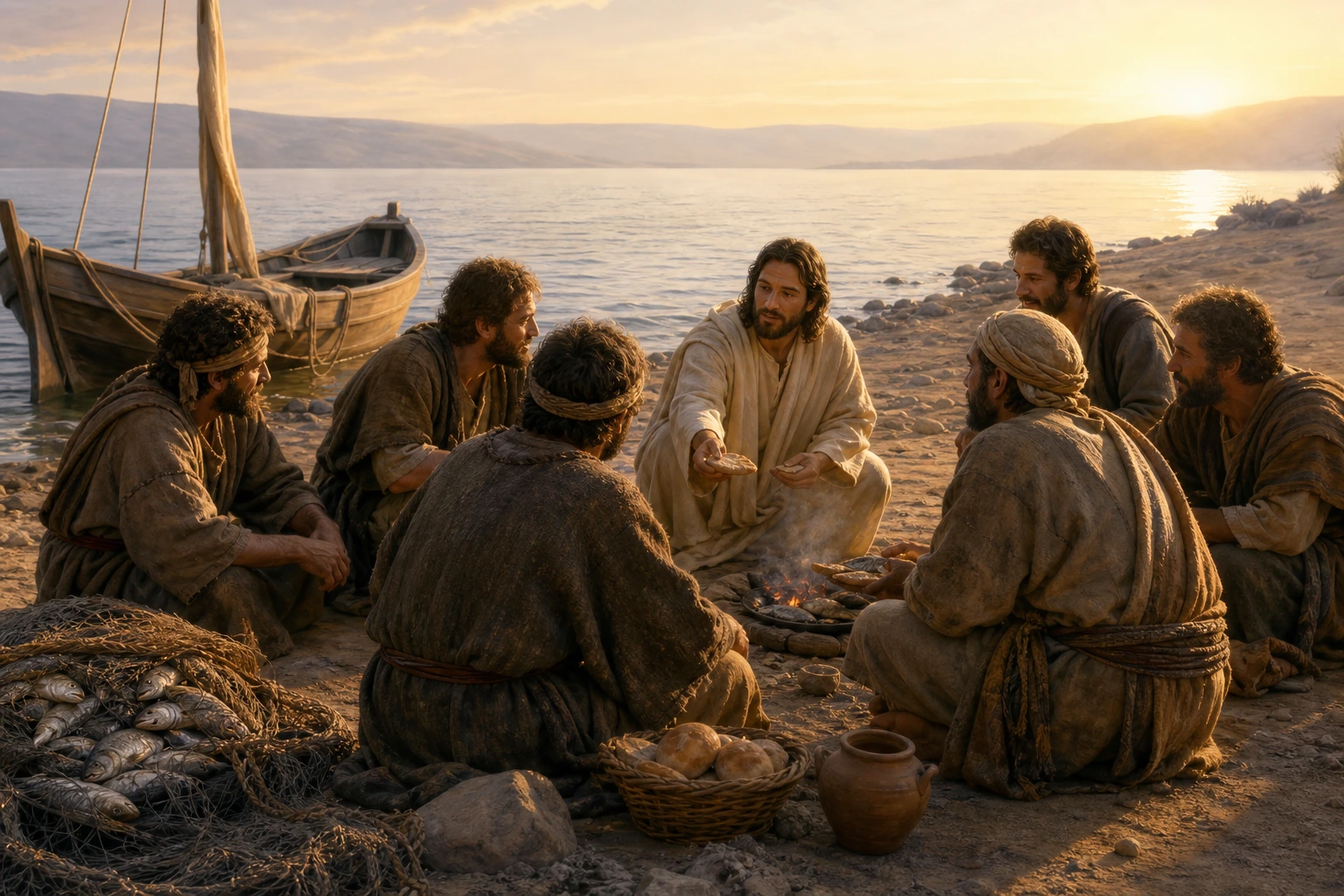 Jesús sirve pan y pescado a los discípulos junto al lago.