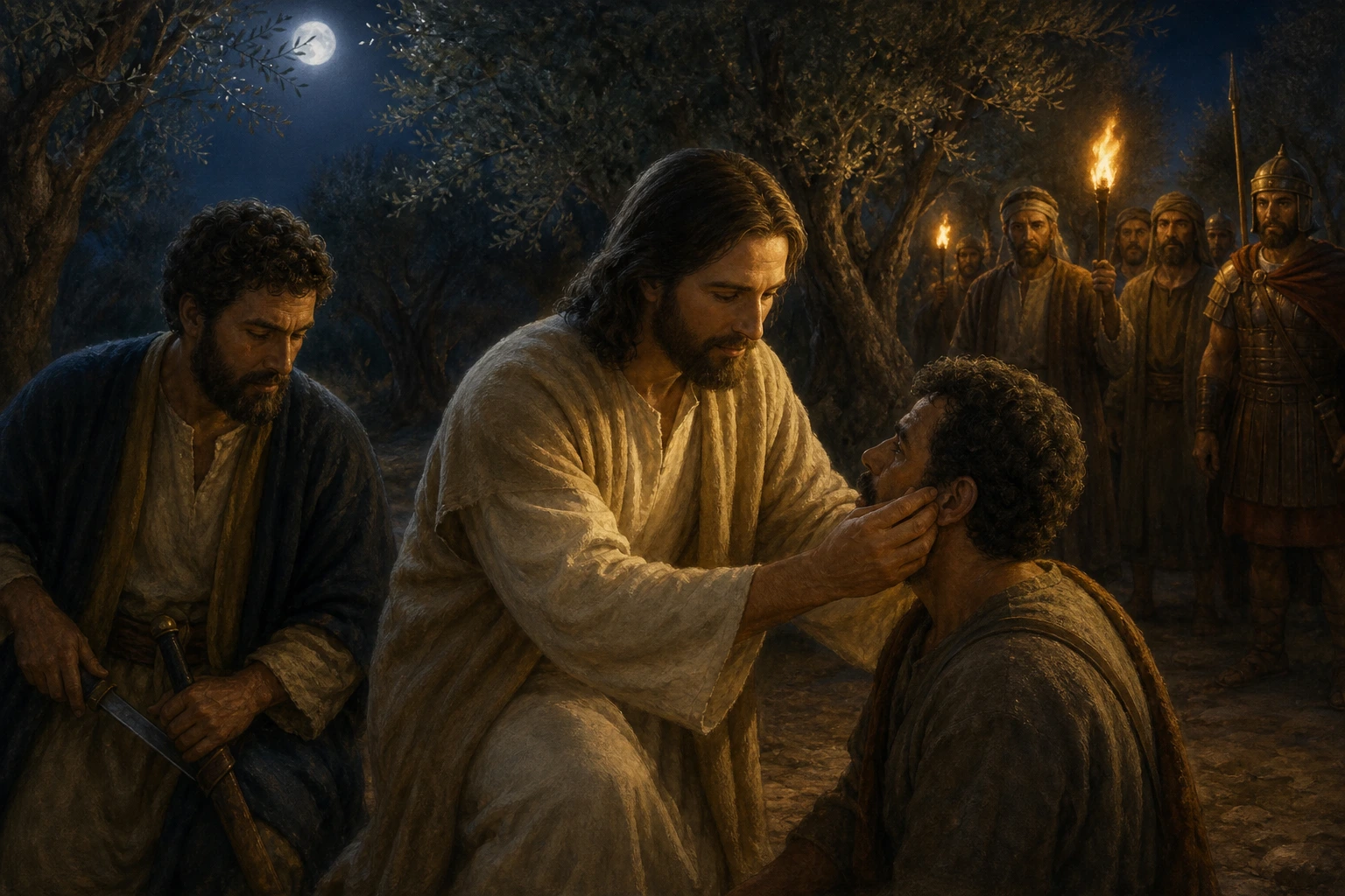 Jesús cura con serenidad la oreja de Malco en Getsemaní.
