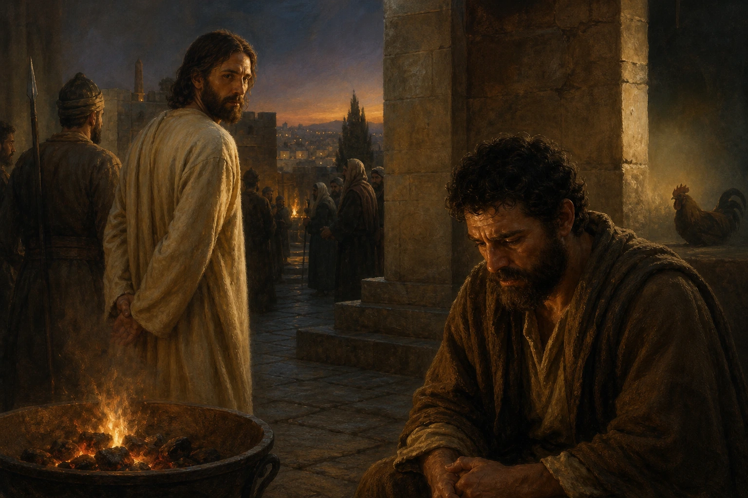 Jesús mira a Pedro tras las negaciones en el patio del sumo sacerdote.