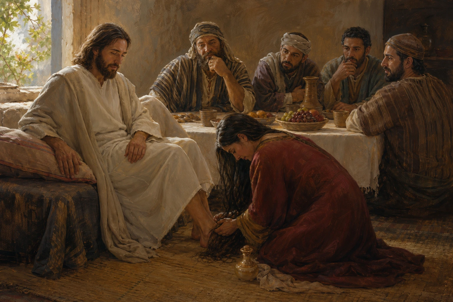 Una mujer seca con sus cabellos los pies de Jesús ante la mesa del fariseo.