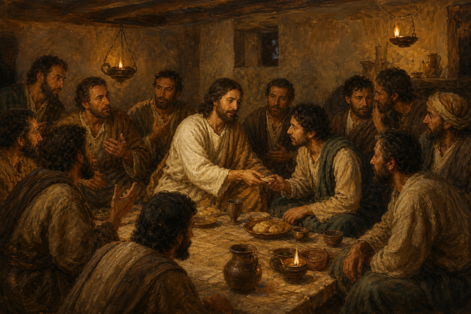 Jesús sirve el pan mientras los apóstoles discuten quién es el mayor.