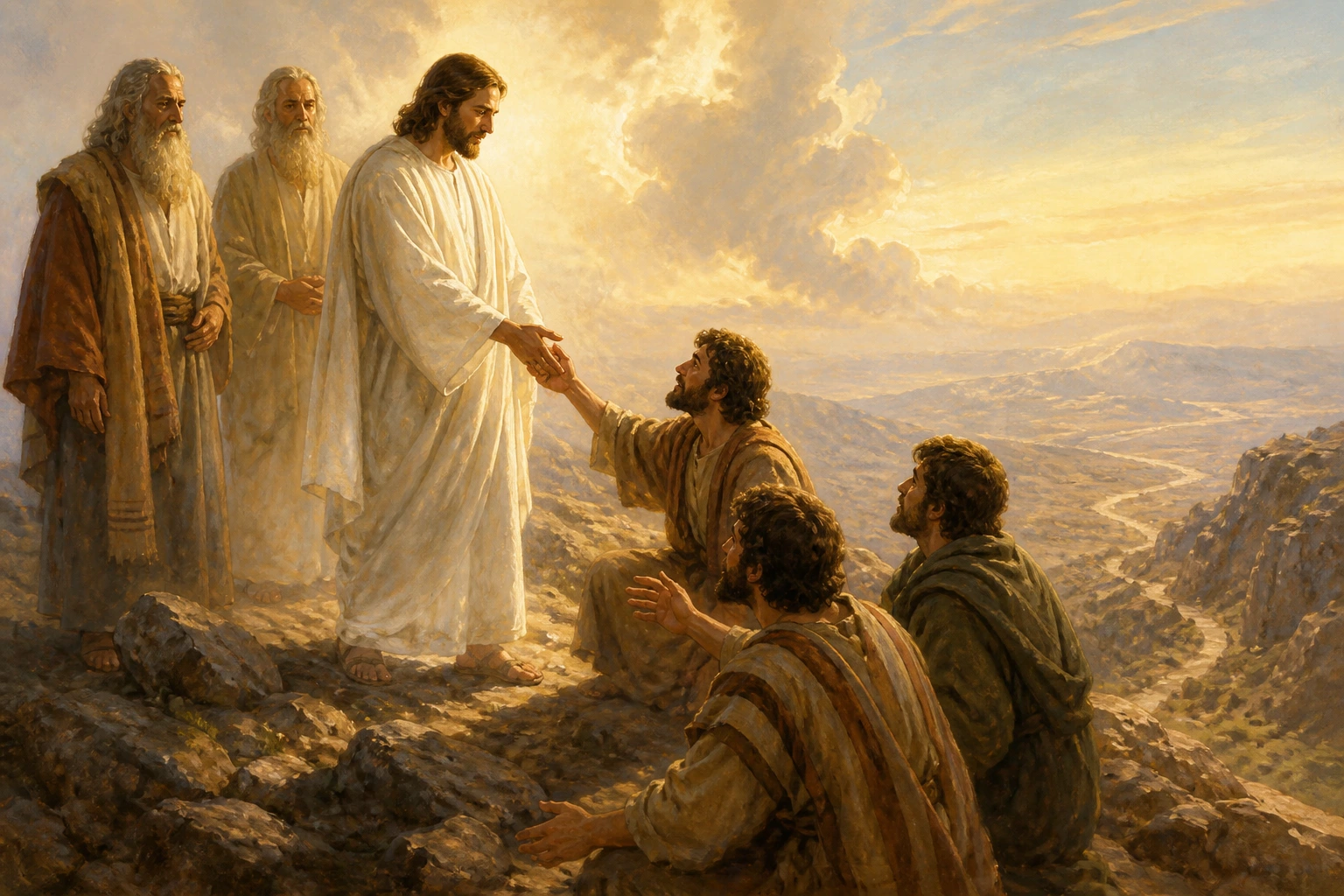 Jesús levanta a sus discípulos en la montaña antes de emprender el descenso.