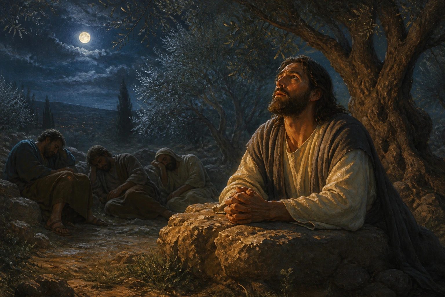 Jesús ora con dolor contenido entre los olivos mientras sus discípulos duermen.