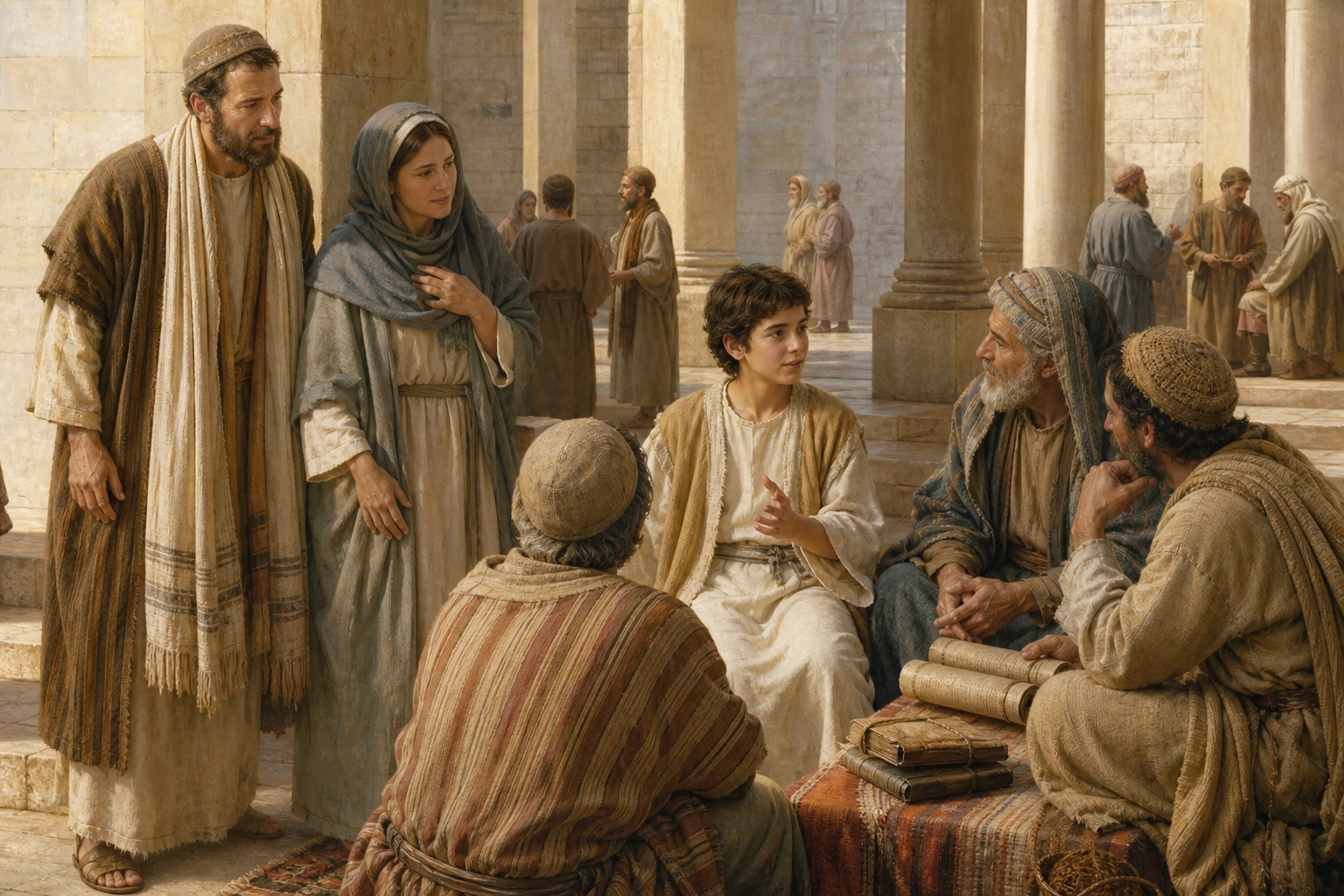 María y José encuentran a Jesús entre los maestros del templo.
