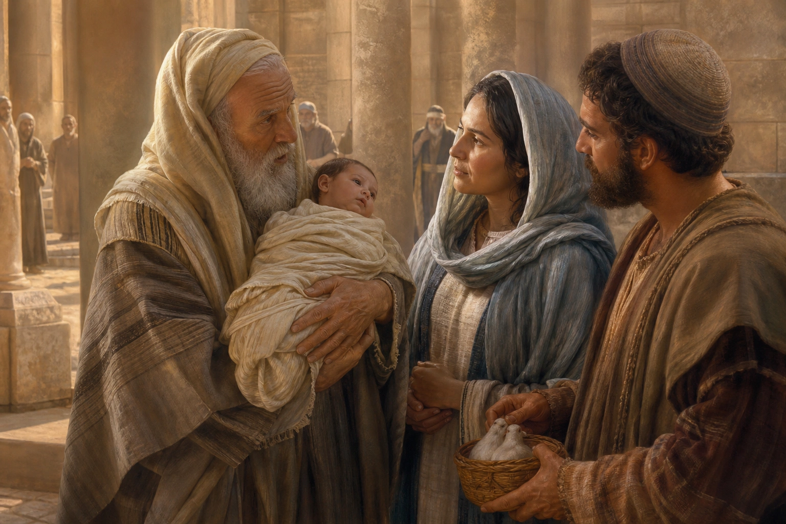 Simeón sostiene al niño Jesús y habla con María en el templo.